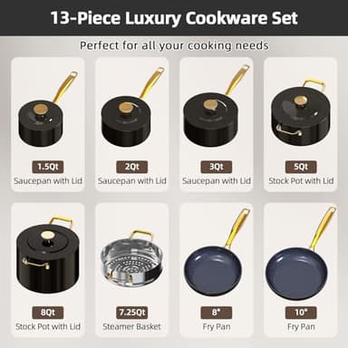 Nuwave Lux LE 13-Pc Cookware Set with Elegant Gold Handle, Diamond Infused Ceramic Non-Stick, PFAS Free, Premium Metal Lids, Ergonomic Stay-Cool Handles, Induction Ready & Compatible w/All Cooktops - Image 8