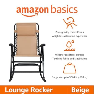Amazon Basics Outdoor Patio Folding Reclining Lounge Rocking Chair with Pillow, Affordable Folding Chairs for Outside, Beige, 33.6 x 37.4 x 26 inch - Image 4