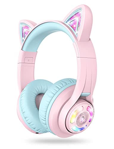 iClever Cat Ear Kids Bluetooth Headphones, LED Lights Up, 74/85dBA Safe Volume Limited, 50H Playtime,Bluetooth 5.2, USB C, Kids Headphones Wireless for Travel iPad Tablet, Meow Macaron Pink - Image 1