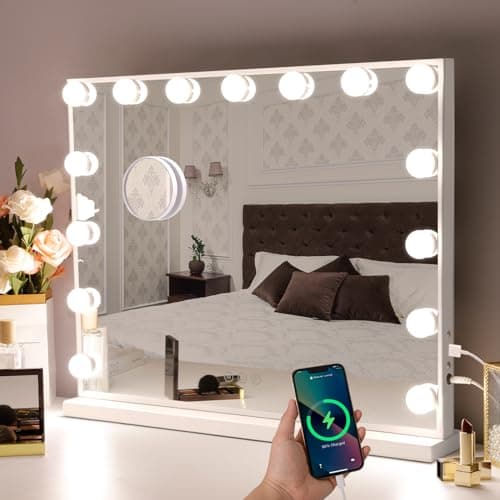Hansong Vanity Mirror with Lights, 22''x18'' Hollywood Mirror, Makeup Mirror with 15 Dimmable Bulbs, 10X Magnification and USB Charging Port, White - Image 1