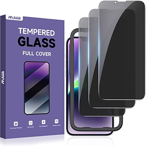 ruwa Privacy Screen Protector for iPhone 13/13 Pro/14/16e [3-Pack][6.1 Inch] Display Tempered Glass Film with Easy Installation Frame, Ultra HD, 9H Hardness, Scratch Resistant, Case Friendly - Image 1