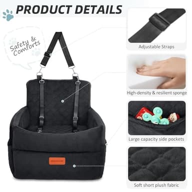 HEGGCOOE Small Dog Car Seat, Memory Foam Dog Booster Car Seats with Thick Cushion for Medium Dogs Under 35lbs, Detachable Washable Dog Bed for Car, Pet Carseat with Storage Pockets,2 Safety Belts - Image 3
