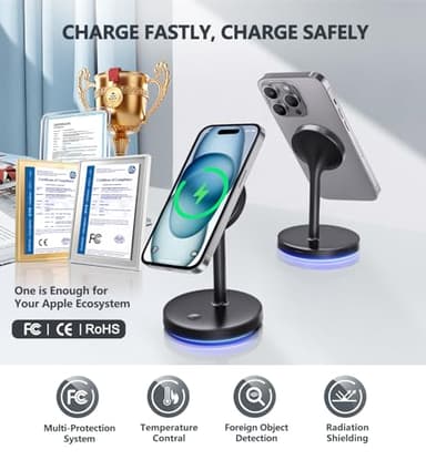 2 Pack Mag-Safe Charger Stand 15W Magnetic Wireless Charging Station for iPhone 16 15 14 13 12 Pro/Pro Max/Plus/Mini Magnet Wireless Charging Station/Pad with LED Light for AirPods 3/2/Pro/Pro 2 - Image 5