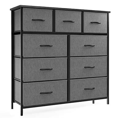 OLIXIS Dresser for Bedroom, 9 Storage Drawers, Wide Fabric Closet Chests Organizer Tower Furniture, TV Stand with Wooden Top Metal Frame for Clothes, Living Room, Hallway, Entryway, Classic Grey - Image 1