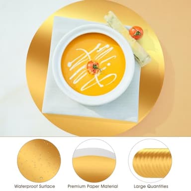 KesaPlan 100PCS Round Gold Placemats, 13" Disposable Paper Placemats for Dining Table, Mirrored Gold Charger Place Mat for Kitchen Banquet Table Setting Wedding Birthday Dinner Party Decor - Image 6
