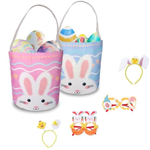 SMSREAMEN 2 Pcs Easter Egg Baskets for Kids, Easter Eggs Hunt Basket for Kids Empty, Bunny Basket Egg Gifts Bags with Rabbit Fluffy Ears, Includes Fun Easter Accessories for Girls Boys Party Favors - Image 1