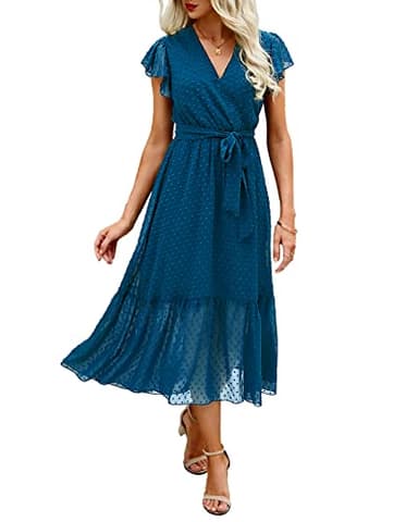 BTFBM Women Summer Bohemian Floral Casual Wrap V Neck Ruffle Cap Sleeveless Belt A-Line Pleated Hem Swing Midi Sun Dress (Swiss Dot Lake Blue, l) - Image 1