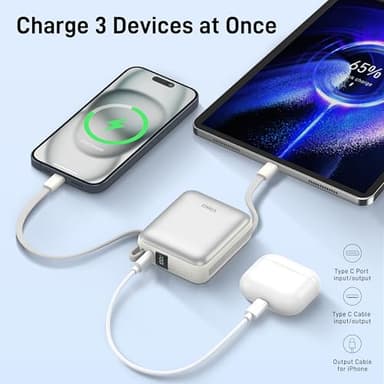 VINKO Portable Charger Power Bank, 10000mAh Travel Essentials Battery Pack, 22.5W Fast Charging USB C Charging Bank Built-in Cables Cords Wires Compatible with iPhone,Samsung,Android(White) - Image 5