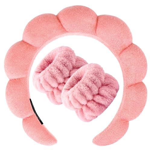 Zkptops Spa Headband for Washing Face Wristband Set Sponge Makeup Skincare Terry Cloth Bubble Soft Get Ready Hairband for Women Girl Puffy Padded Headwear Non Slip Thick Hair Accessory(Orange Pink) - Image 1