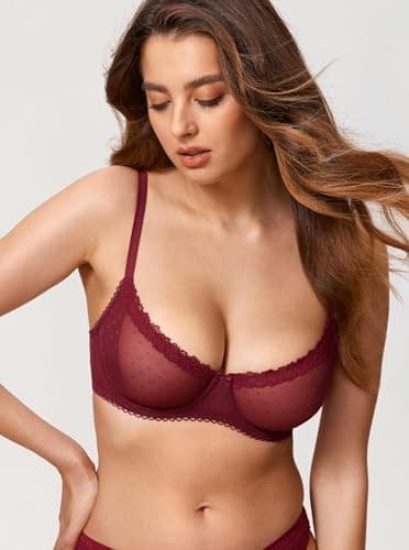 DOBREVA Women's Balconette Lace Bra See Through Demi Sheer Mesh Plus Size Underwire - Image 3