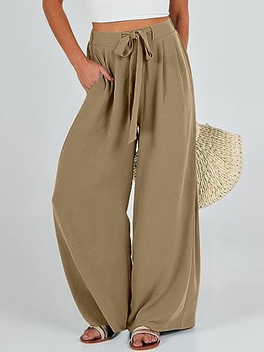Caracilia Women Wide Leg Palazzo Pants Summer High Waist Flowy Casual Trousers Loose Lounge Beach Travel Vacation Clothes Khaki XX-Large - Image 2