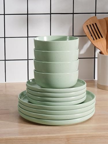 Famiware Dawn Plates and Bowls Sets, 12 Pieces Stoneware Dinnerware Sets, Dishes Set for 4, Microwave and Dishwasher Safe, Light Green - Image 6