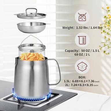 68oz 304 Stainless Steel Deep Fryer Pot with Basket & Strainer, Large Capacity Bacon Grease Container for Kitchen,Frying, Cooking, Camping,Oil Filter Container - Dishwasher Safe (68oz/2L/2.1Qt) - Image 2