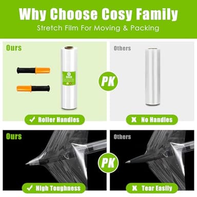 Cosy Family Plastic Wrap Stretch Film Roll - 1000ft 60 Gauge Industrial Strength 15 inch Wide Clear Plastic Wrap Roll with Handles for Pallet Wrapping Shipping Moving - Clear, Pack of 1 - Image 4