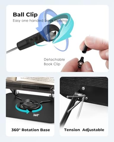 Viozon Book Stand for Reading,Book Holder, Height&Angle Adjustable, 360° Rotating Base, Foldable and Portable, Lightweight for Office, Kitchen, School Textbook, Recipe, Magazine,Kindle,Table B - Image 5