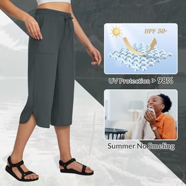 baleaf Women's Capri Pants Wide Leg Plus Size UPF50+ Lightweight Quick Dry Pants Casual Loose Sweatpants Hiking Walking Grey XL - Image 3