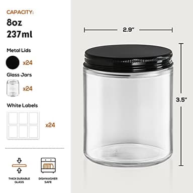 24 Pack, 8 OZ Thick Glass Jars with Metal Lids, Clear Round Candle Making Jars,Empty Food Storage Containers, Mason Canning Jar For Spice, Powder, Liquid, Sample, Lotion, Cosmetic,Dishwasher Safe - Image 2