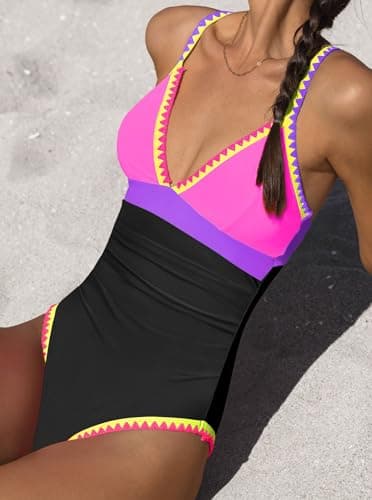 popvil Women's One Piece Swimsuit: Neon Color Block Tummy Control Bathing Suit for 2025 Beach Vacation - Image 5