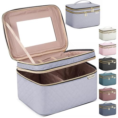 HXLGMD Large Makeup Bag with Mirror Double Layer Travel Make Up Organizer Case, Large Capacity Coemetic with Brush Slot Divider, Travel Toiletry Bag for Women (Grey) - Image 1