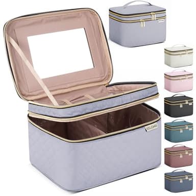 HXLGMD Large Makeup Bag with Mirror Double Layer Travel Make Up Organizer Case, Large Capacity Coemetic with Brush Slot Divider, Travel Toiletry Bag for Women (Grey) - Image 1