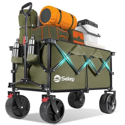 Collapsible Wagon Cart with Big All-Terrain Beach Wheels, Foldable Heavy Duty Wagons with Cup Holders, Utility Carts for Camping, Garden, Outdoor, Grocery, Sports. Khaki - Image 1