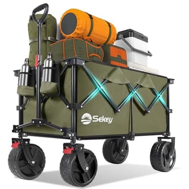 Collapsible Wagon Cart with Big All-Terrain Beach Wheels, Foldable Heavy Duty Wagons with Cup Holders, Utility Carts for Camping, Garden, Outdoor, Grocery, Sports. Khaki - Image 1