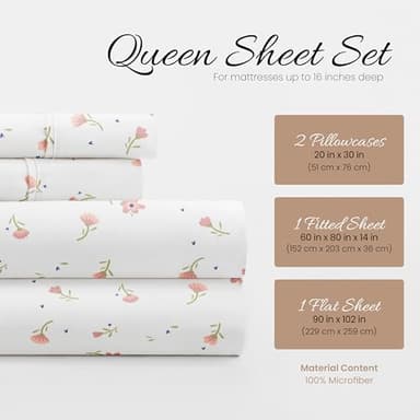Linen Market 4 Piece Queen Sheet Set - Breathable, Double-Brushed Patterned Cooling Sheets – Oeko-TEX Certified Ultra Soft & Wrinkle-Free 16" Deep-Pocket Queen Sheets - Easy Care Soft Floral Pink - Image 2