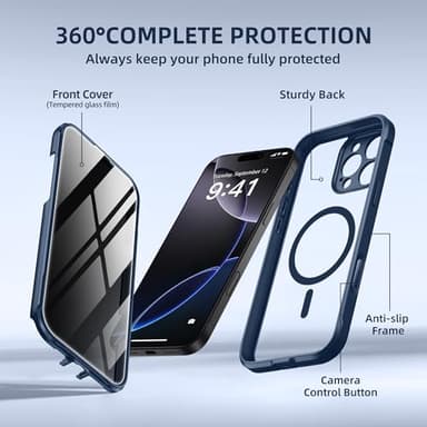 BERFY for iPhone 16 Pro Case, Compatible with MagSafe, Built-in Privacy Screen Protector and Camera Protection, Anti-Spy Full Body Shockproof Clear Phone Case for 16 Pro 6.3", Blue - Image 9
