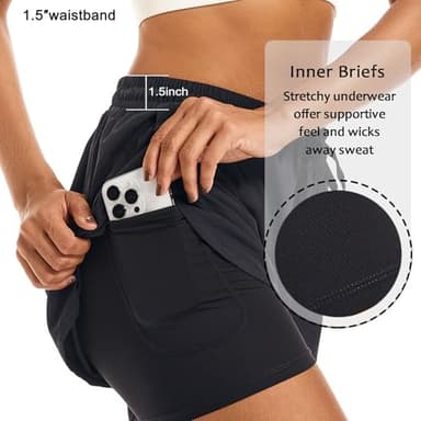 APWKL Women's 2 in 1 Athletic Running Shorts Quick Dry Workout Casual Gym Sweat Shorts Mesh Comfy Liner Zipper Pockets(Black,M) - Image 3