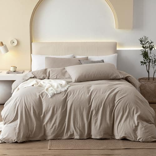 JIYUAN 100% Washed Cotton Duvet Cover Set 3 Pieces Queen, 1 Duvet Cover 90x90 Inches(Comforter Not Included) and 2 Pillowcases,Linen Feel Bedding Set Comfy and Breathable, Heathered Tannish Linen Grey - Image 1