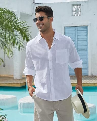 J.VER Men's Lightweight Linen Long Sleeve Shirts Casual Button Down Shirt Family Vacation Shirt with Pocket White Medium - Image 5