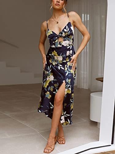 Fashionme Women Midi Satin Dresses Tie Front Backless Split Summer Casual Floral Tropical Hawaiian Flowy Slip Dress Sexy Sundresses Wedding Guest Beach Cocktail Vacation Graduation - Image 2