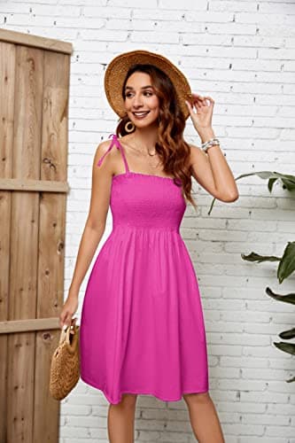 Girl's Women's Summer Spaghetti Strap Beach Dresses Hawaiian Hoilday Smocked Midi Sun Dress Ruffle Square Neck, Hot Pink, 6-7 Years = Tag 140 - Image 6