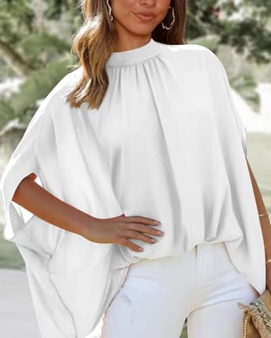 BTFBM Womens Summer Tops 2025 Fall Mock Neck Batwing Sleeve Shirts Loose High Low Hem Oversized Dressy Casual Blouses(White, Large) - Image 3