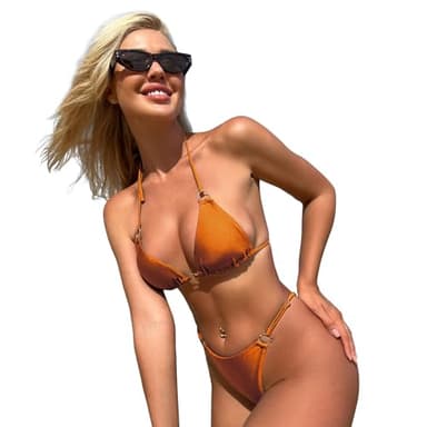 MIKETAI Sexy Bikinis for Women 2 Piece Bikini Spaghetti Strap Swimsuits Solid Color Bathing Swimwear Triangle Bathing Suit (US, Alpha, Small, Regular, Regular, Apricot Yellow) - Image 3