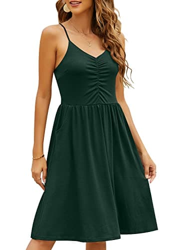 YATHON 2025 Casual Dresses for Women Sleeveless Cotton Summer Beach Dress A Line Spaghetti Strap Sundresses with Pockets (XL, YT090-Dark Green) - Image 3