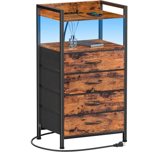 Furnulem Night Stand with Charging Station and Led Light, 4 Drawer Dresser for Bedroom, Small Nightstand Bedside Table, Fabric Bins, Metal Frame, Wood Shelf, Side Furniture(Rustic Brown) - Image 1