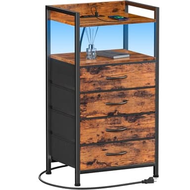 Furnulem Night Stand with Charging Station and Led Light, 4 Drawer Dresser for Bedroom, Small Nightstand Bedside Table, Fabric Bins, Metal Frame, Wood Shelf, Side Furniture(Rustic Brown) - Image 1