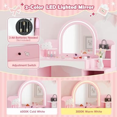 MU Kids Vanity with Lights, Princess Makeup Vanity Desk with Open Bookshelf, Storage Cabinet & Shelves, 2 in 1 Toddler Vanity Table & Chair Set with Lighted Mirror for Little Girls, Pink - Image 4