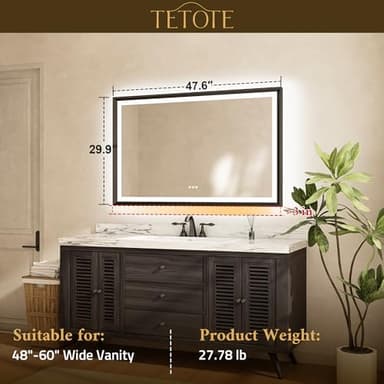 TETOTE 48x30 LED Bathroom Mirror with Lights Gold Metal Framed Front & Back Light Vanity Mirror Baroque Antifog Stepless Dimmable White/Warm/Natural,CRI90+,Waterproof,Wall Mounted(Horizontal/Vertical) - Image 7