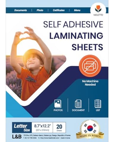Self Stick Laminating Sheets 8.7 x 12.2 Inches, 4mil, Pack of 20, No Heat, No Machine, Peel and Stick Laminating Sheets, Self Adhesive Contact Paper, Self Sealing Clear Vinyl Stickers by VIOLLETO" - Image 1