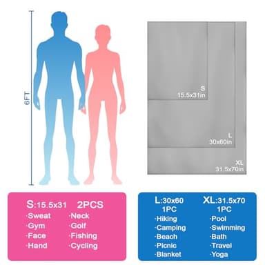 Yaozoon Travel Body Towel L Size Microfiber Quick Dry Lightweight for Men Women Camping Hiking Beach Swimming Pool Towels(Light Grey, 1 Pack L) - Image 2
