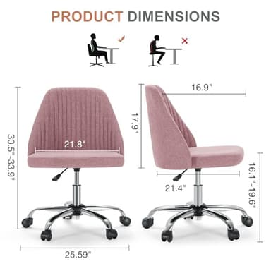 DUMOS Office Desk Chair, Modern Cute Rolling Vanity Swivel Task Chairs with Wheels, Comfortable Back Seat Armless for Home, Bedrooms, Office, Study, Student, Adults, Make-up, Dressing Room, Pink - Image 2