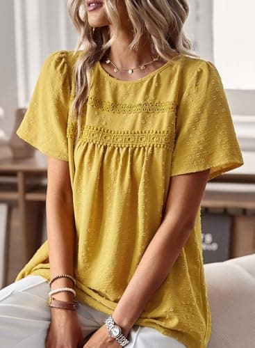 Falechay Tunic Tops to Wear with Leggings Bohemian Women's Tunic Tops Lace Crochet Yellow Shirts for Women Crew Neck Short Sleeve Women's Blouses L - Image 2