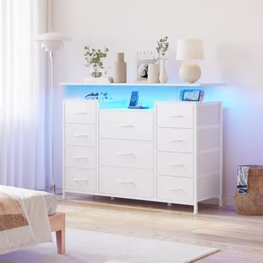 LUMTOK 11 Drawers Dresser with Fabric Drawers,Charging Station, LED Lights and Shelves for Bedroom Storage Organization - Image 2
