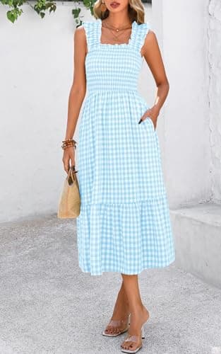 PRETTYGARDEN Women's Summer Dress Casual Square Neck Ruffle Strap Gingham Smocked Midi Flowy A Line Beach Vacation Sun Dresses 2025 (Light Blue, S) - Image 2