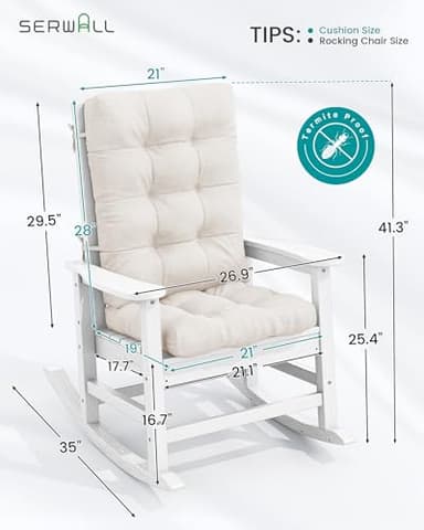 SERWALL Oversized Outdoor Rocking Chair, HDPE Rocker with Cushion, Patio Rocking Chairs for Porch, White Chair+Beige Cushion - Image 2