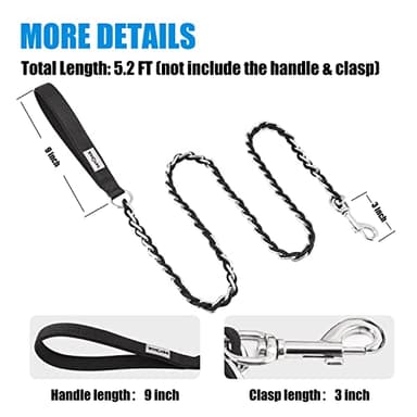Chew Proof Metal Leash Chain for Medium Large Dogs, 4FT Strong Anti Chew, Comfortable Soft Padded Handle Black - Image 3