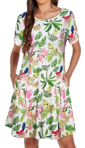 Summer Dresses for Women Pockets Short Sleeve Cotton Sundress Flowy Beach Plus Size Tunic Dress(Pink Green Leaves, L) - Image 2