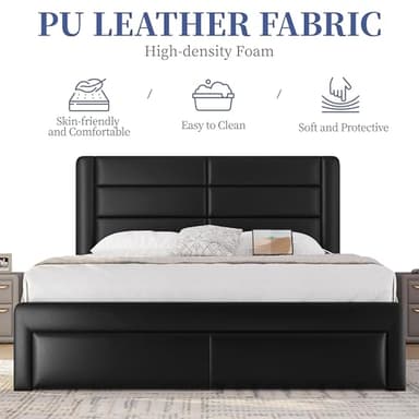 Yaheetech Queen Size Bed Frame with Headboard/2 USB Charging Station/Port for Type A&Type C/3 Storage Drawers/Solid Wood Slat Support/No Box Spring Needed/Black - Image 4